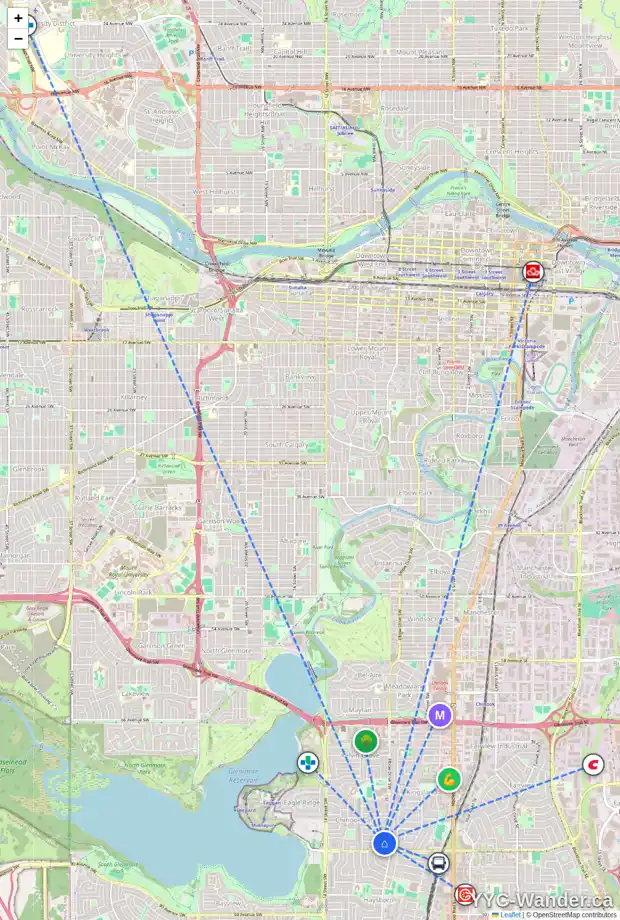 Daily accessibility map for 86 CHINOOK DR SW, Calgary showing nearby schools, grocery stores, parks, LRT stations and nearby amenities