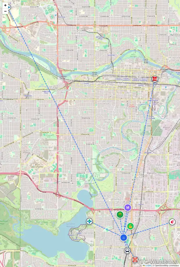 Daily accessibility map for 7824 5 ST SW, Calgary showing nearby schools, grocery stores, parks, LRT stations and nearby amenities