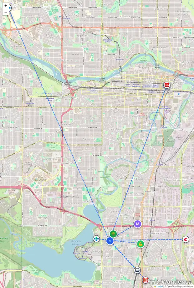 Daily accessibility map for 1224 KILLEARN AV SW, Calgary showing nearby schools, grocery stores, parks, LRT stations and nearby amenities