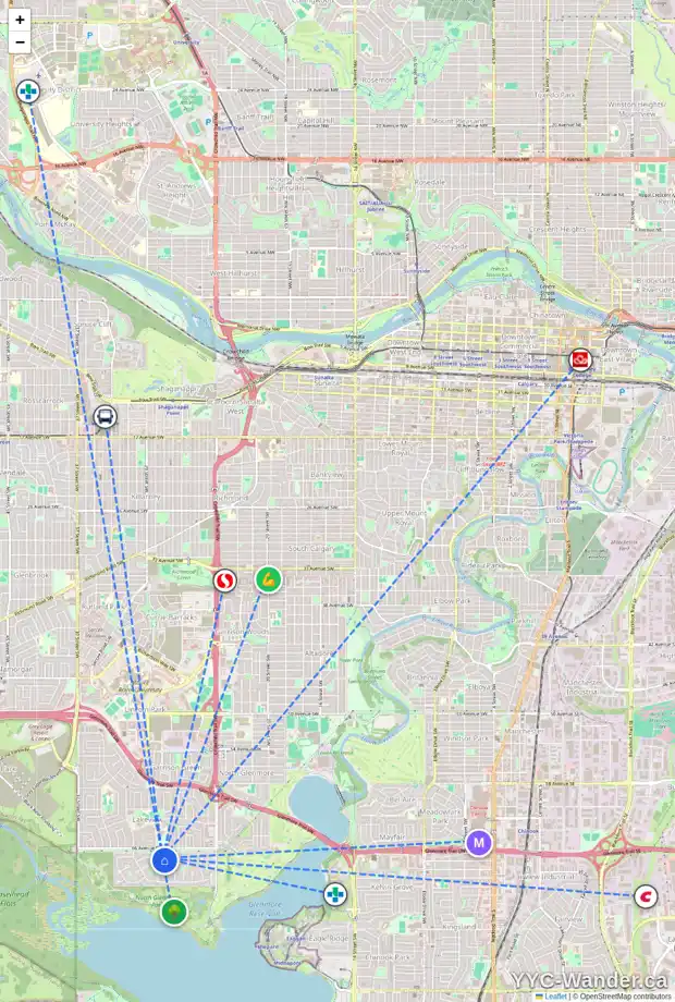 Daily accessibility map for 6719 LEGARE DR SW, Calgary showing nearby schools, grocery stores, parks, LRT stations and nearby amenities