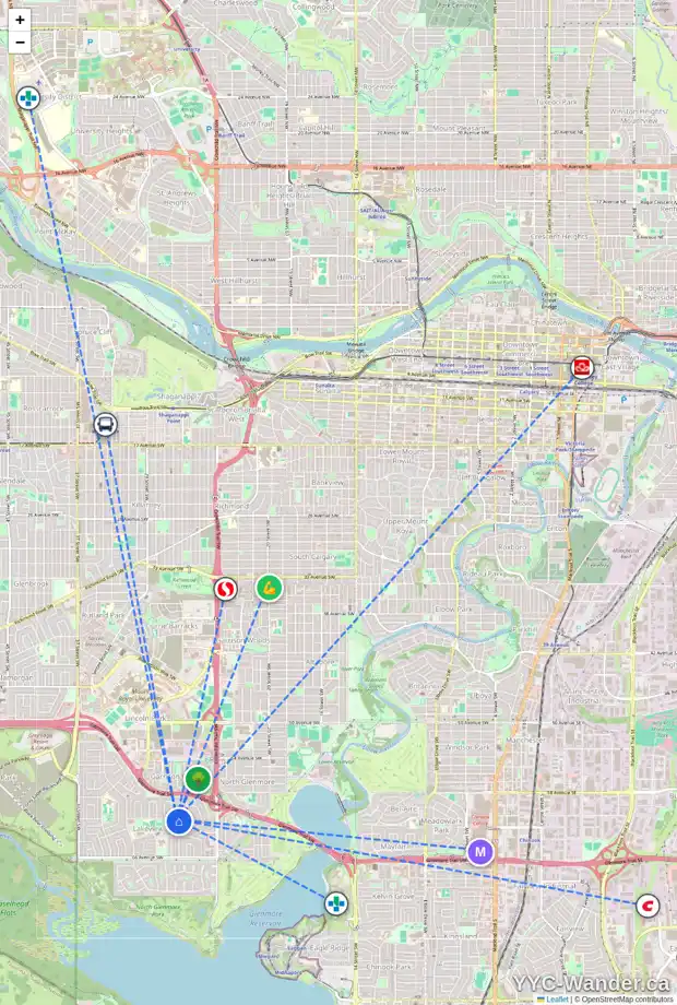 Daily accessibility map for 6219 LLOYD CR SW, Calgary showing nearby schools, grocery stores, parks, LRT stations and nearby amenities