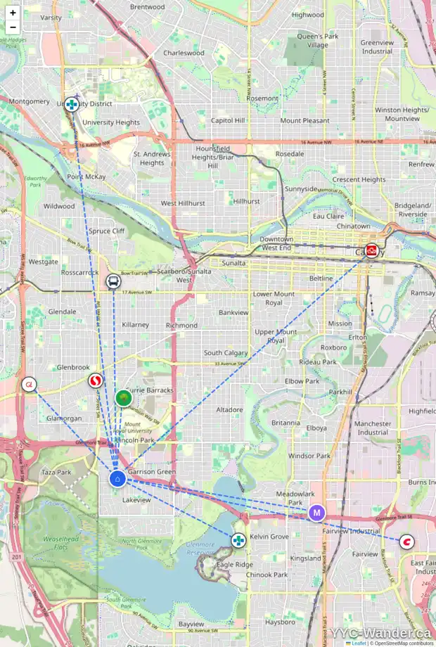 Daily accessibility map for 3404 58 AV SW, Calgary showing nearby schools, grocery stores, parks, LRT stations and nearby amenities