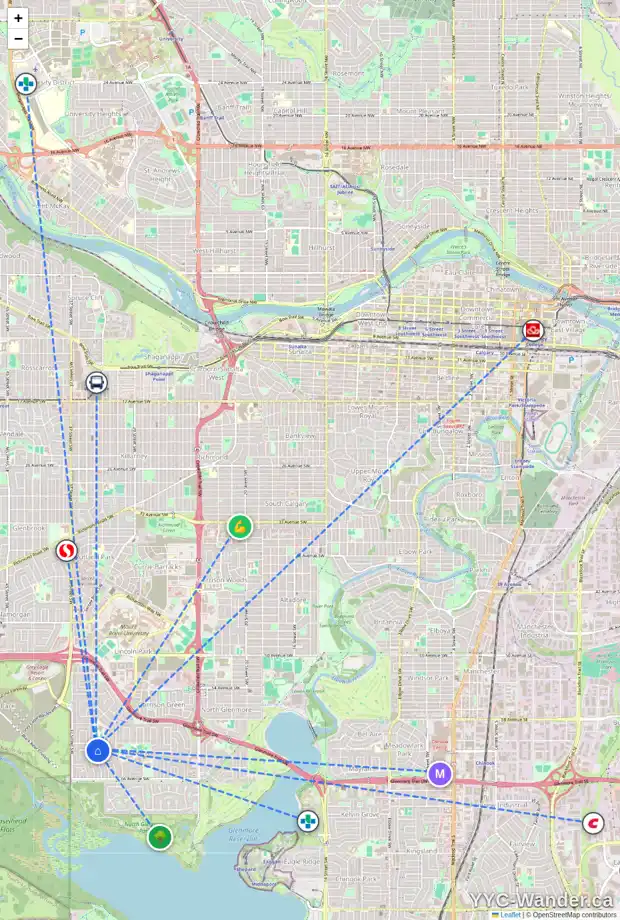 Daily accessibility map for 6120 34 ST SW, Calgary showing nearby schools, grocery stores, parks, LRT stations and nearby amenities