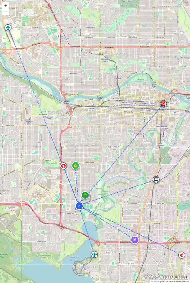 Daily accessibility map for 2016 51 AV SW, Calgary showing nearby schools, grocery stores, parks, LRT stations and nearby amenities