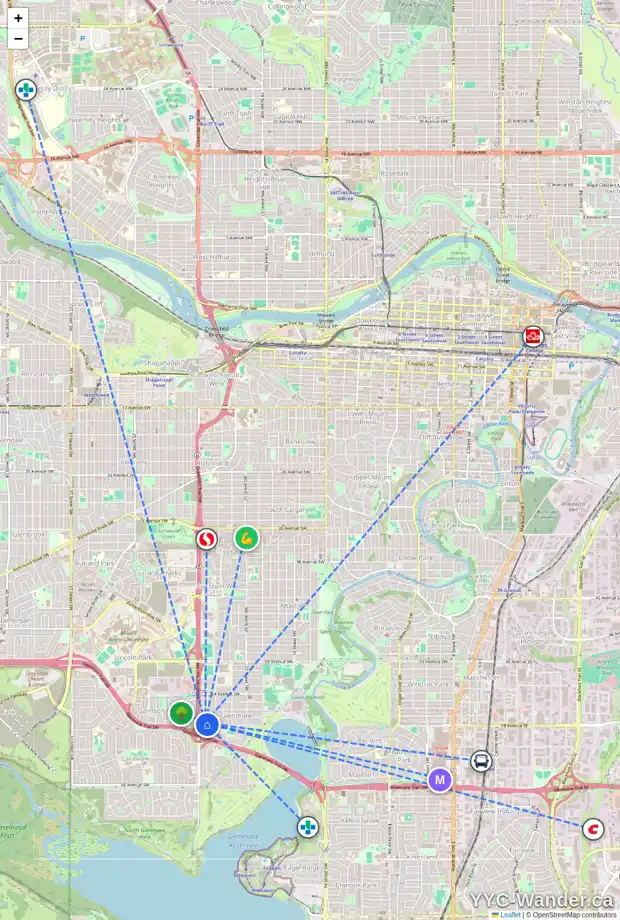Daily accessibility map for 2420 58 AV SW, Calgary showing nearby schools, grocery stores, parks, LRT stations and nearby amenities