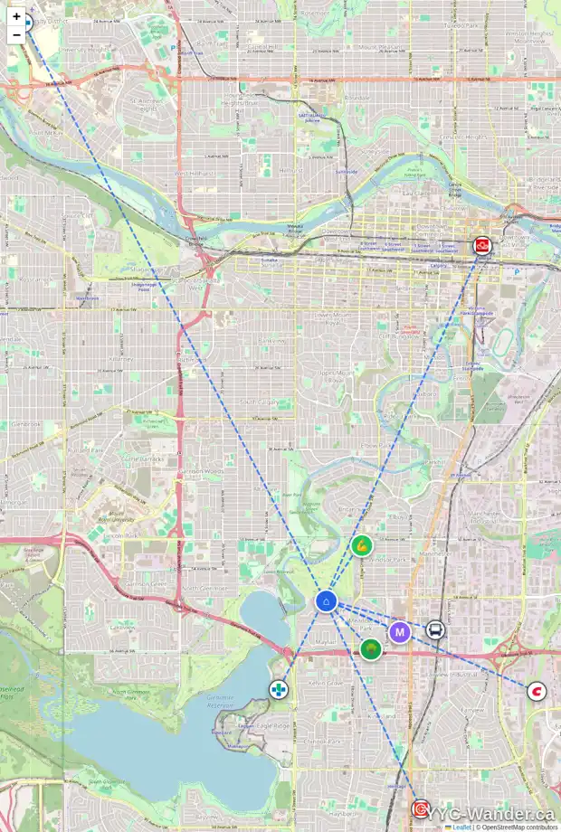 Daily accessibility map for 1220 BELAVISTA CR SW, Calgary showing nearby schools, grocery stores, parks, LRT stations and nearby amenities