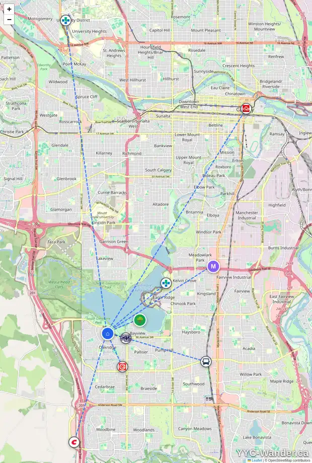 Daily accessibility map for 311 OAKSIDE CI SW, Calgary showing nearby schools, grocery stores, parks, LRT stations and nearby amenities