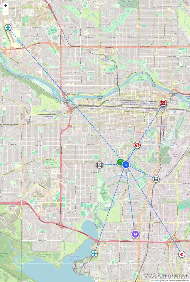 Daily accessibility map for 3601 6 ST SW, Calgary showing nearby schools, grocery stores, parks, LRT stations and nearby amenities