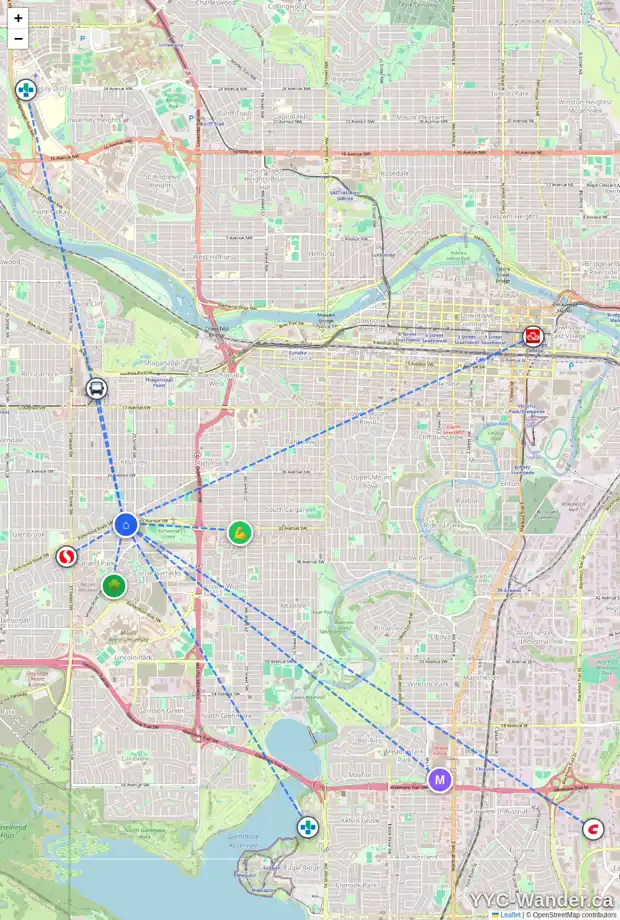 Daily accessibility map for 3032 HAMPTON CR SW, Calgary showing nearby schools, grocery stores, parks, LRT stations and nearby amenities