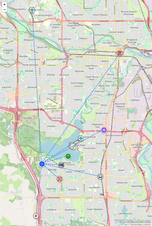 Daily accessibility map for 108 OAKMOUNT WY SW, Calgary showing nearby schools, grocery stores, parks, LRT stations and nearby amenities
