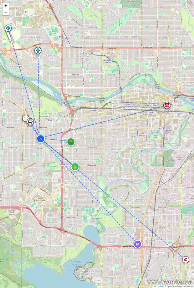 Daily accessibility map for 101 2218 30 ST SW, Calgary showing nearby schools, grocery stores, parks, LRT stations and nearby amenities