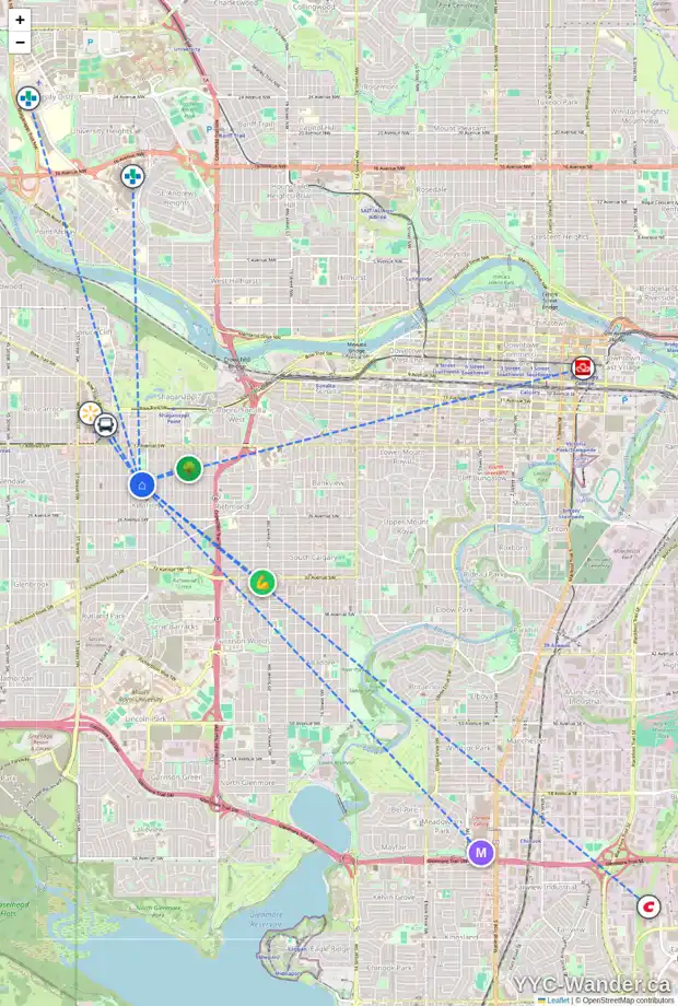 Daily accessibility map for 204 2218 30 ST SW, Calgary showing nearby schools, grocery stores, parks, LRT stations and nearby amenities