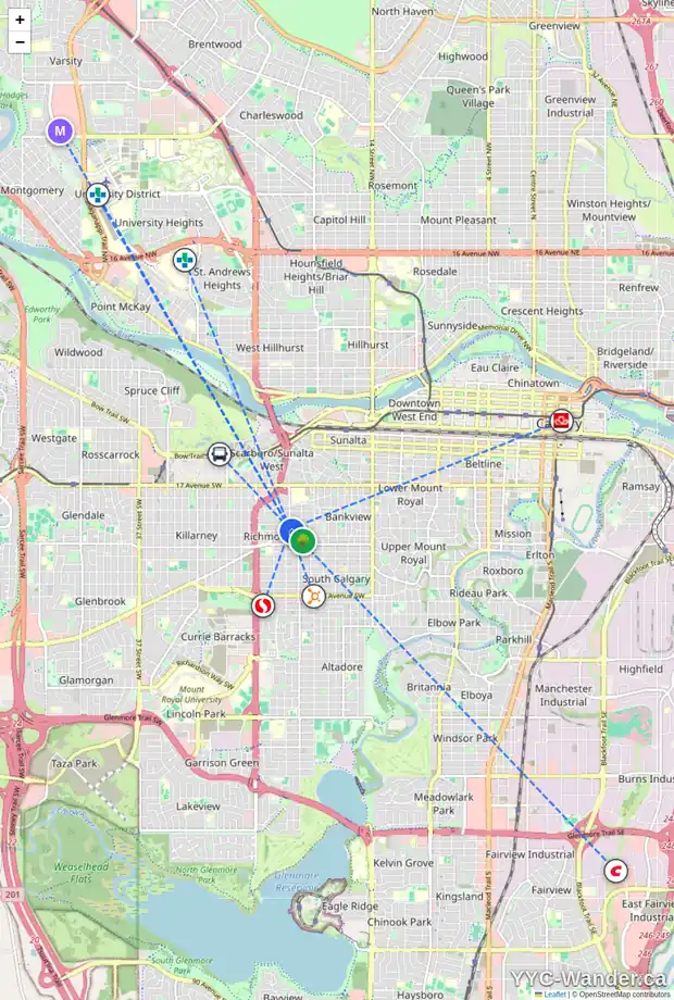Daily accessibility map for 2316 RICHMOND RD SW, Calgary showing nearby schools, grocery stores, parks, LRT stations and nearby amenities