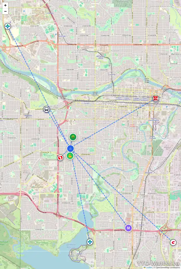 Daily accessibility map for 2119 30 AV SW, Calgary showing nearby schools, grocery stores, parks, LRT stations and nearby amenities
