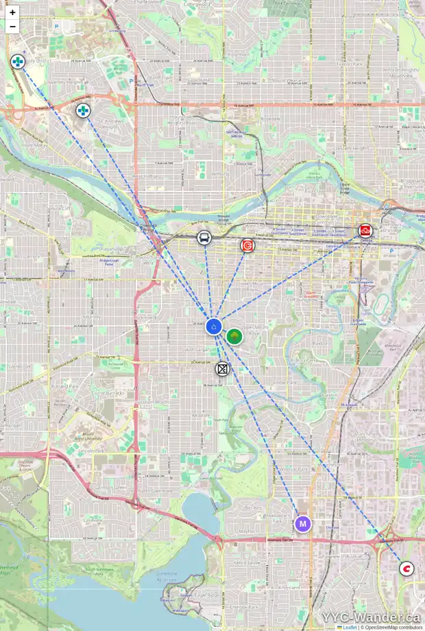 Daily accessibility map for 10 1607 26 AV SW, Calgary showing nearby schools, grocery stores, parks, LRT stations and nearby amenities
