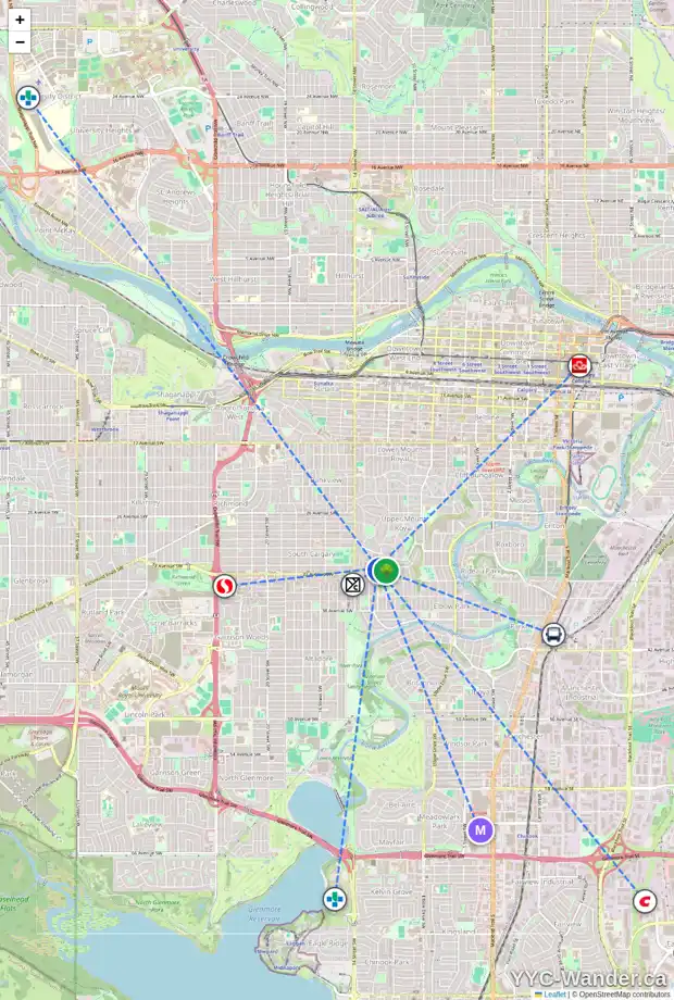 Daily accessibility map for 3211 CARLETON ST SW, Calgary showing nearby schools, grocery stores, parks, LRT stations and nearby amenities