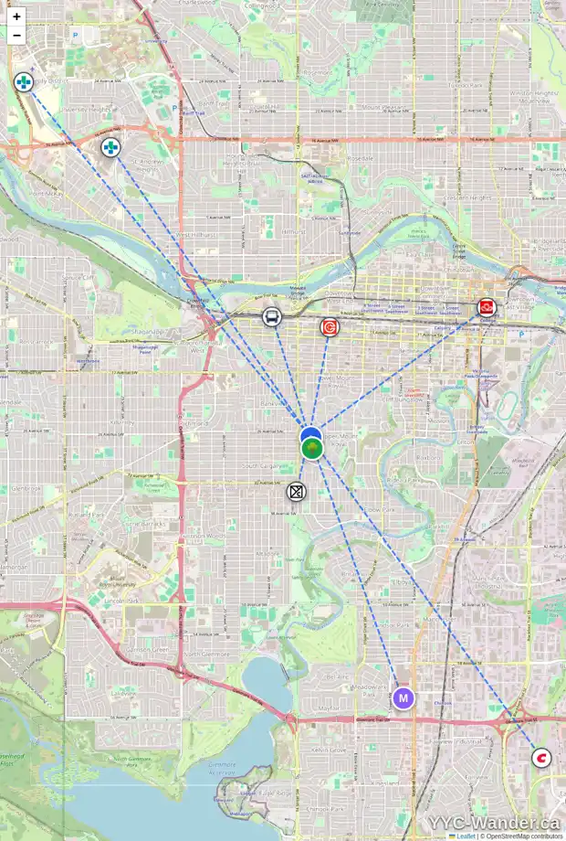 Daily accessibility map for 2746 WOLFE ST SW, Calgary showing nearby schools, grocery stores, parks, LRT stations and nearby amenities