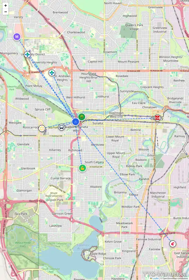 Daily accessibility map for 2420 SOVEREIGN CR SW, Calgary showing nearby schools, grocery stores, parks, LRT stations and nearby amenities