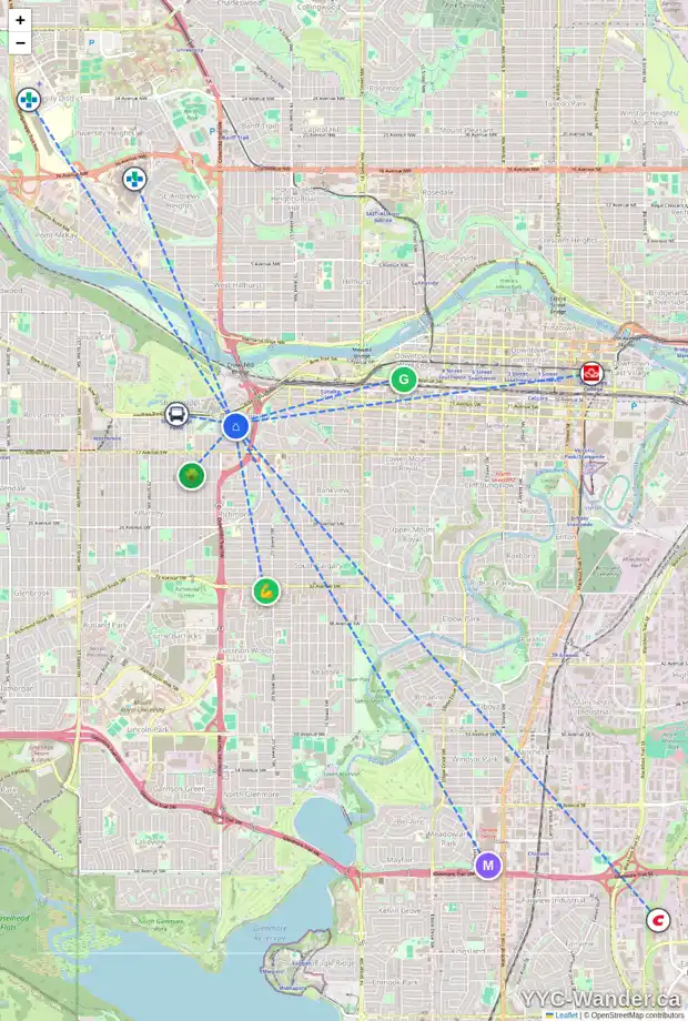 Daily accessibility map for 2326 SUNSET AV SW, Calgary showing nearby schools, grocery stores, parks, LRT stations and nearby amenities