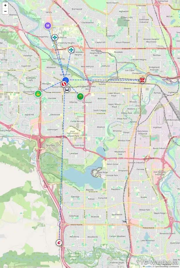 Daily accessibility map for 3524 7 AV SW, Calgary showing nearby schools, grocery stores, parks, LRT stations and nearby amenities