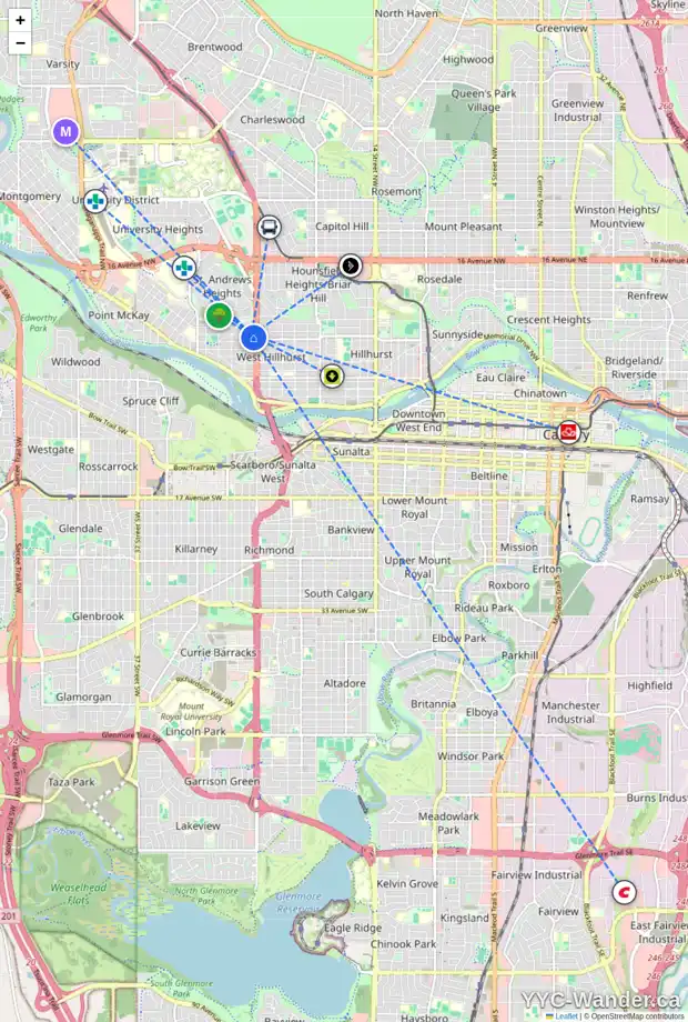Daily accessibility map for 620 24A ST NW, Calgary showing nearby schools, grocery stores, parks, LRT stations and nearby amenities