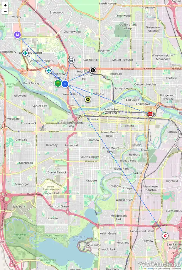 Daily accessibility map for 2544 TORONTO CR NW, Calgary showing nearby schools, grocery stores, parks, LRT stations and nearby amenities