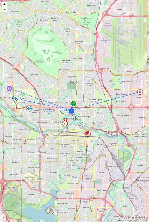 Daily accessibility map for 1416 7 ST NW, Calgary showing nearby schools, grocery stores, parks, LRT stations and nearby amenities
