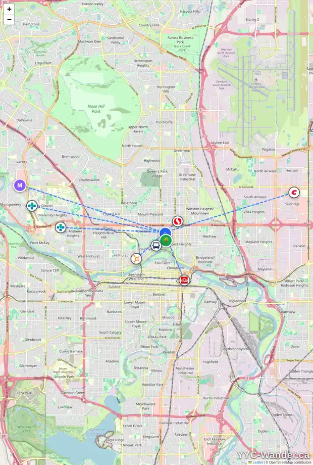 Daily accessibility map for 329 13 AV NW, Calgary showing nearby schools, grocery stores, parks, LRT stations and nearby amenities
