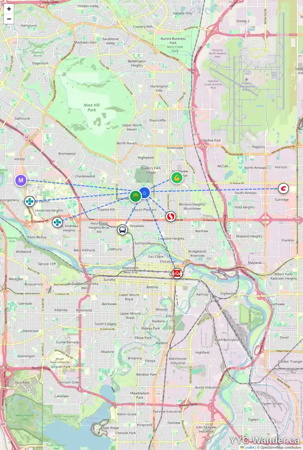 Daily accessibility map for 712 28 AV NW, Calgary showing nearby schools, grocery stores, parks, LRT stations and nearby amenities