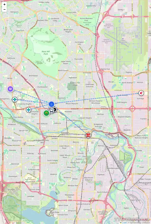 Daily accessibility map for 1832 20 AV NW, Calgary showing nearby schools, grocery stores, parks, LRT stations and nearby amenities
