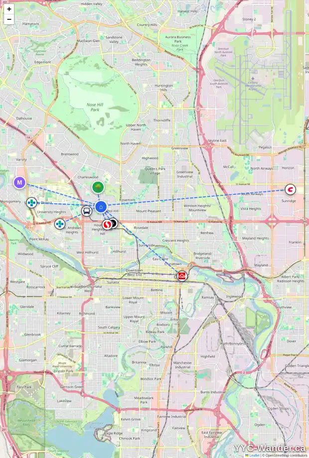Daily accessibility map for 2019 23 AV NW, Calgary showing nearby schools, grocery stores, parks, LRT stations and nearby amenities