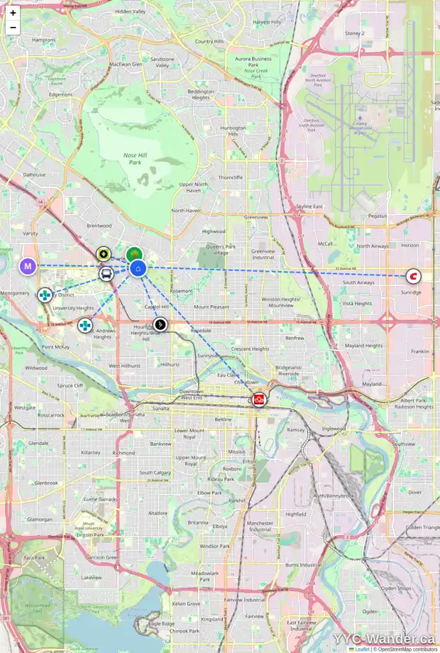 Daily accessibility map for 2024 CHICOUTIMI DR NW, Calgary showing nearby schools, grocery stores, parks, LRT stations and nearby amenities