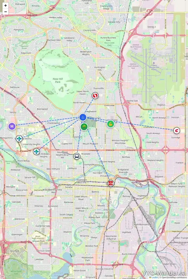 Daily accessibility map for 560 NORTHMOUNT DR NW, Calgary showing nearby schools, grocery stores, parks, LRT stations and nearby amenities