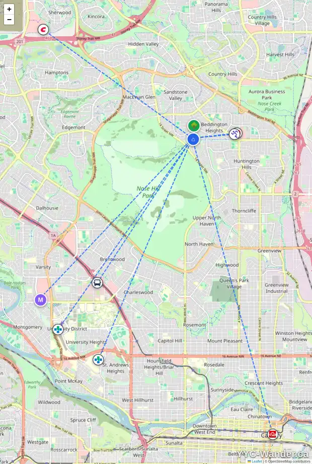 Daily accessibility map for 111 BERMONDSEY WY NW, Calgary showing nearby schools, grocery stores, parks, LRT stations and nearby amenities