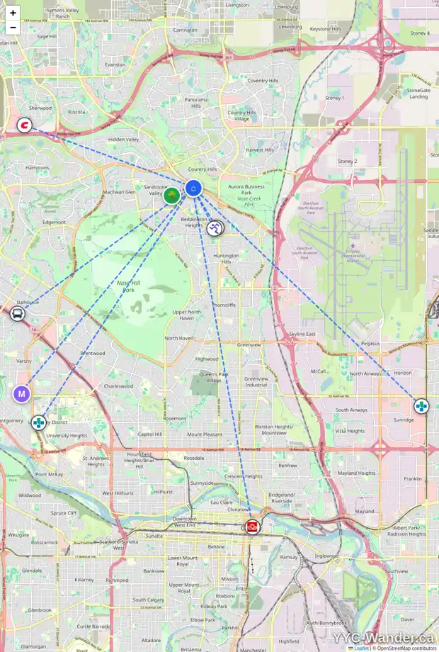 Daily accessibility map for 353 SANTANA BA NW, Calgary showing nearby schools, grocery stores, parks, LRT stations and nearby amenities