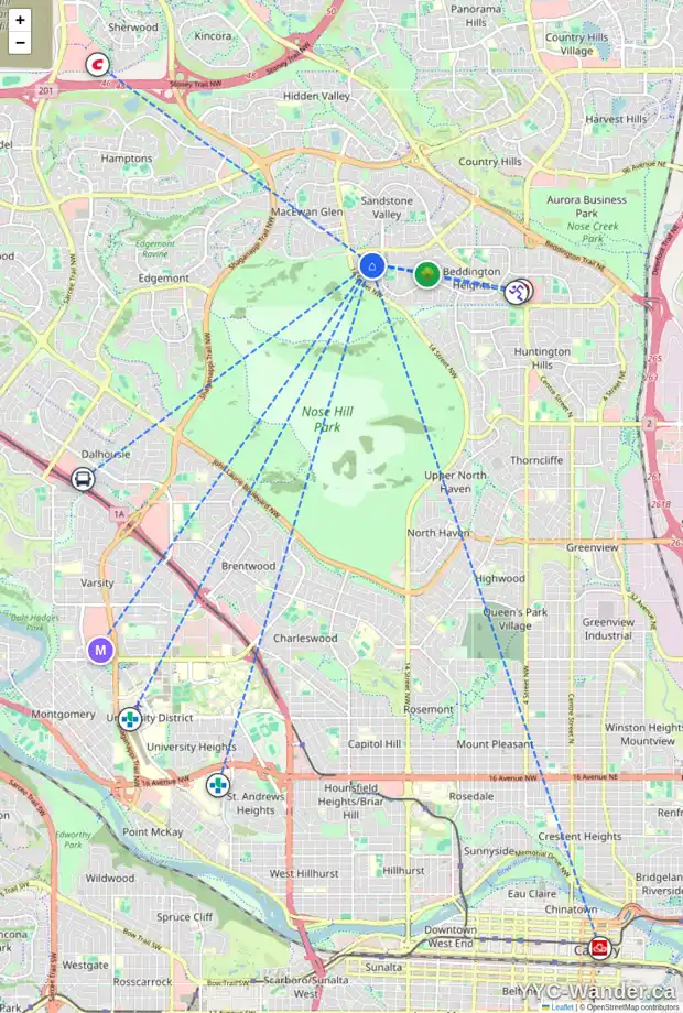 Daily accessibility map for 112 BEACONSFIELD RI NW, Calgary showing nearby schools, grocery stores, parks, LRT stations and nearby amenities