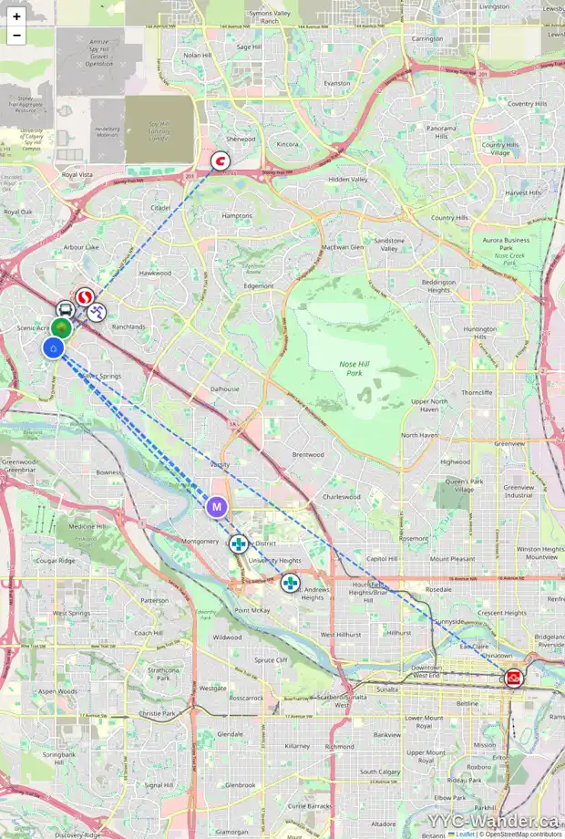 Daily accessibility map for 160 SCENIC GLEN CR NW, Calgary showing nearby schools, grocery stores, parks, LRT stations and nearby amenities