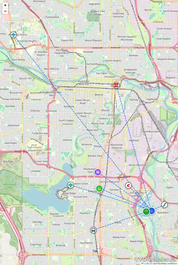 Daily accessibility map for 199 RIVERSIDE CL SE, Calgary showing nearby schools, grocery stores, parks, LRT stations and nearby amenities