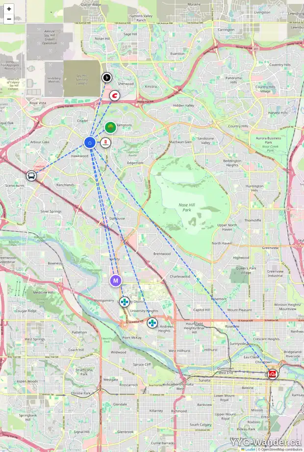 Daily accessibility map for 80 HAWKTREE CL NW, Calgary showing nearby schools, grocery stores, parks, LRT stations and nearby amenities