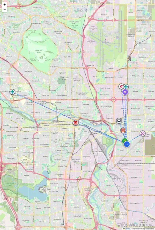 Daily accessibility map for 3446 30A AV SE, Calgary showing nearby schools, grocery stores, parks, LRT stations and nearby amenities