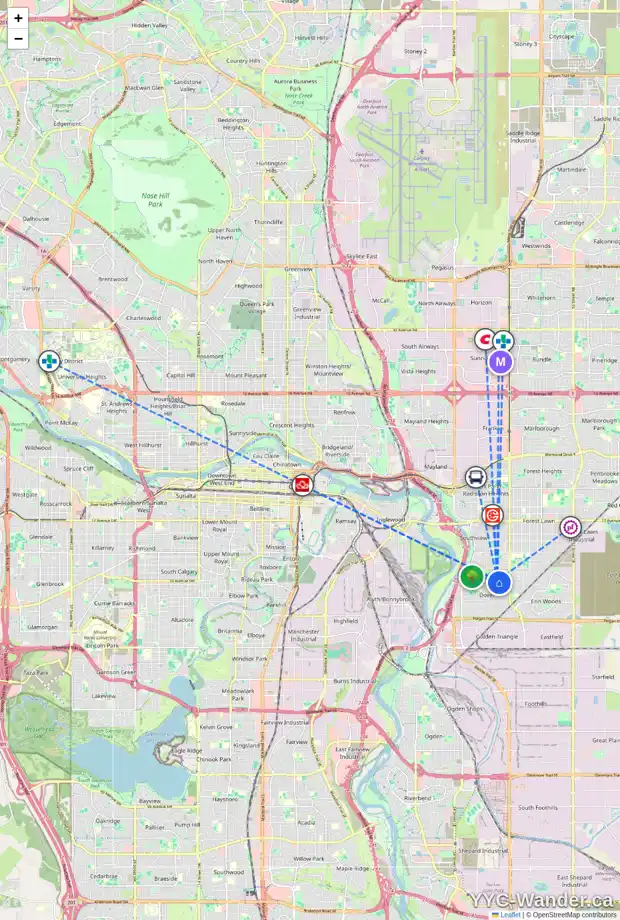 Daily accessibility map for 3260 33A AV SE, Calgary showing nearby schools, grocery stores, parks, LRT stations and nearby amenities