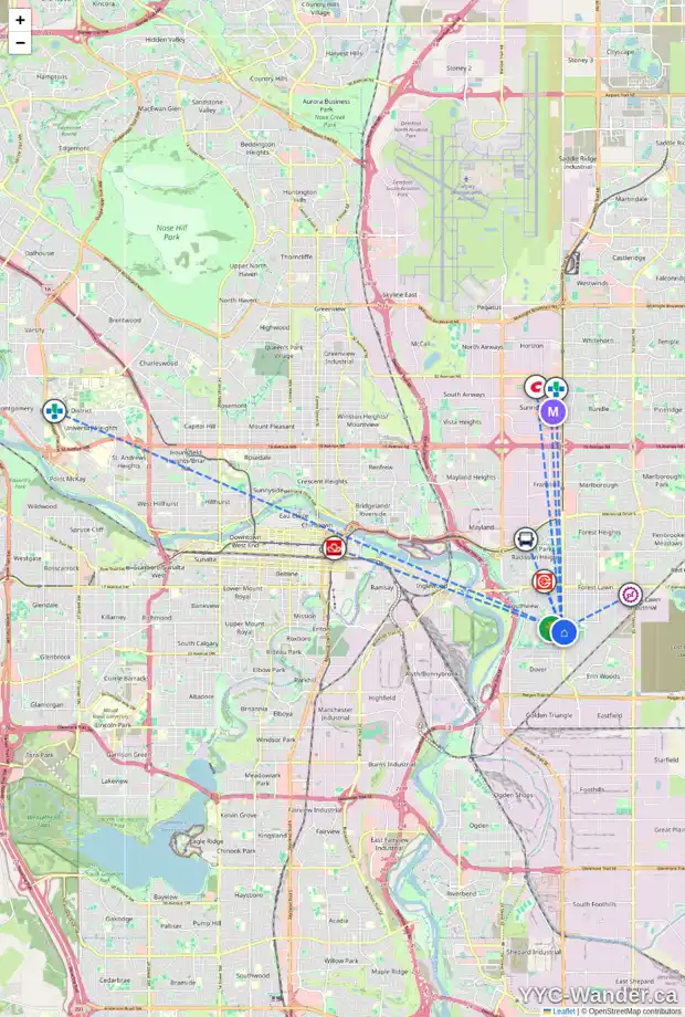 Daily accessibility map for 3656 28 AV SE, Calgary showing nearby schools, grocery stores, parks, LRT stations and nearby amenities
