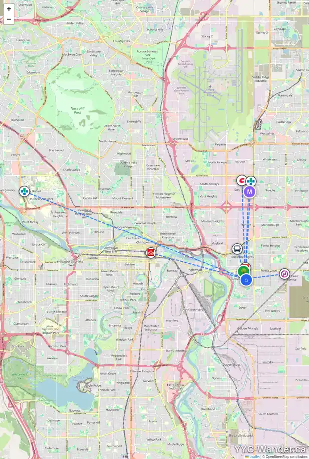 Daily accessibility map for 2017 33 ST SE, Calgary showing nearby schools, grocery stores, parks, LRT stations and nearby amenities