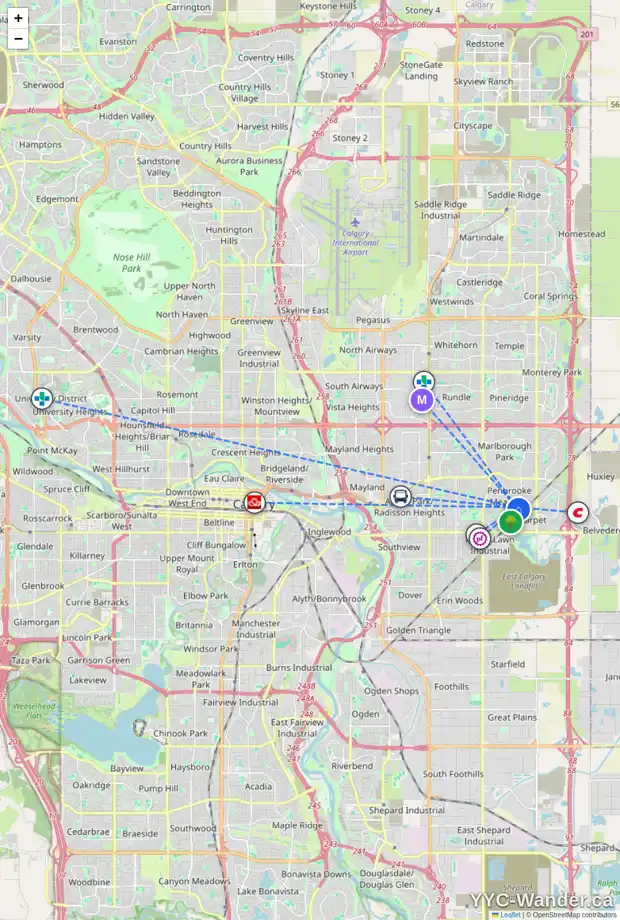 Daily accessibility map for 6287 PENEDO WY SE, Calgary showing nearby schools, grocery stores, parks, LRT stations and nearby amenities