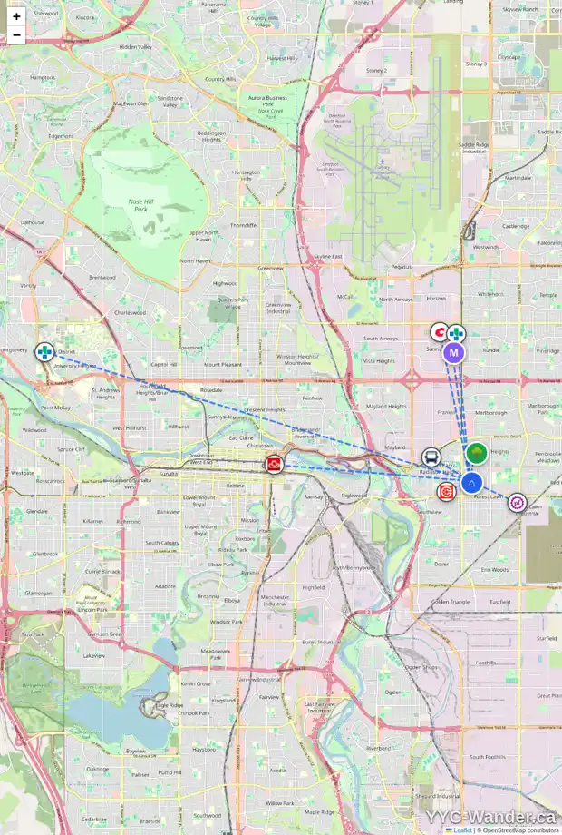 Daily accessibility map for 1324 38 ST SE, Calgary showing nearby schools, grocery stores, parks, LRT stations and nearby amenities