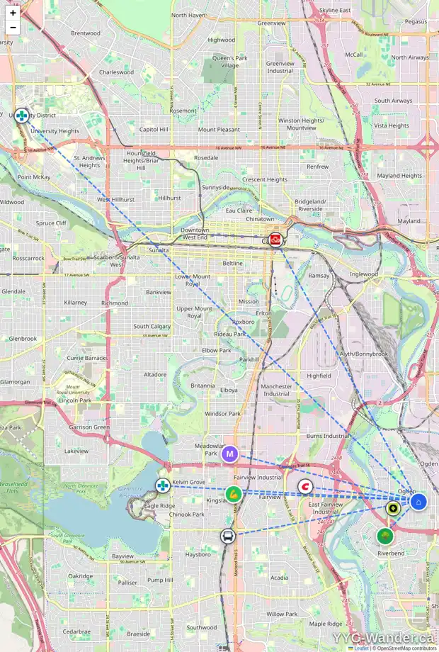 Daily accessibility map for 7416 22 ST SE, Calgary showing nearby schools, grocery stores, parks, LRT stations and nearby amenities