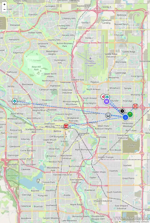 Daily accessibility map for 163 MADDOCK WY NE, Calgary showing nearby schools, grocery stores, parks, LRT stations and nearby amenities