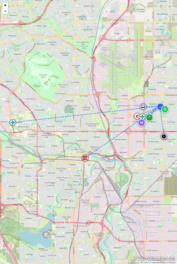 Daily accessibility map for 111 WHITESIDE CR NE, Calgary showing nearby schools, grocery stores, parks, LRT stations and nearby amenities