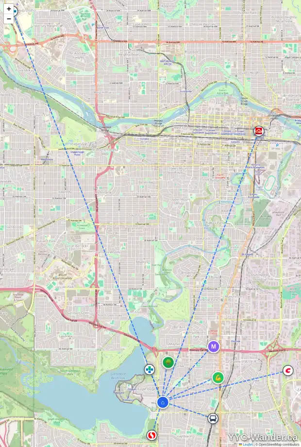 Daily accessibility map for 8035 CHARDIE RD SW, Calgary showing nearby schools, grocery stores, parks, LRT stations and nearby amenities