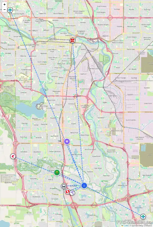 Daily accessibility map for 340 MIDVALLEY PL SE, Calgary showing nearby schools, grocery stores, parks, LRT stations and nearby amenities